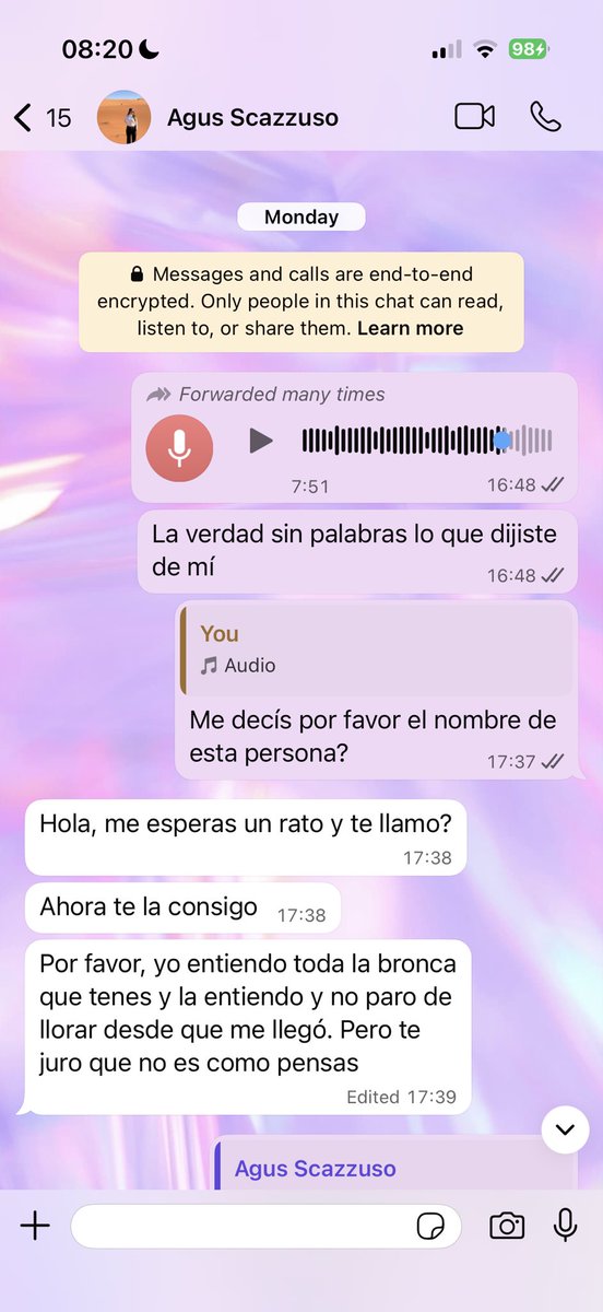 La parte que sí quedó grabada: el audio.
La parte que no: su llamada negando todo, diciendo que jamás hablaría así de mí y que ni conocía a la persona del audio.
Acto seguido me deja de contestar y después me bloqueó.
Un amor de persona Agus Scazzuso.