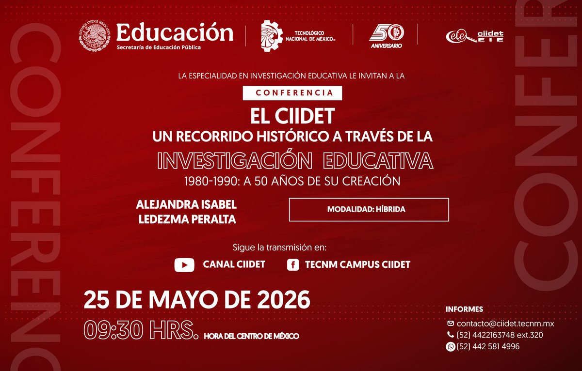 📷📷 A 50 años de historia, el CIIDET reflexiona sobre su legado académico.
Conferencia: El CIIDET. Un recorrido histórico a través de la investigación educativa 1980-1990
📷 Imparte: Alejandra Isabel Ledezma Peralta
📷 25 de mayo | 09:30 hrs.
📷 Modalidad híbrida
