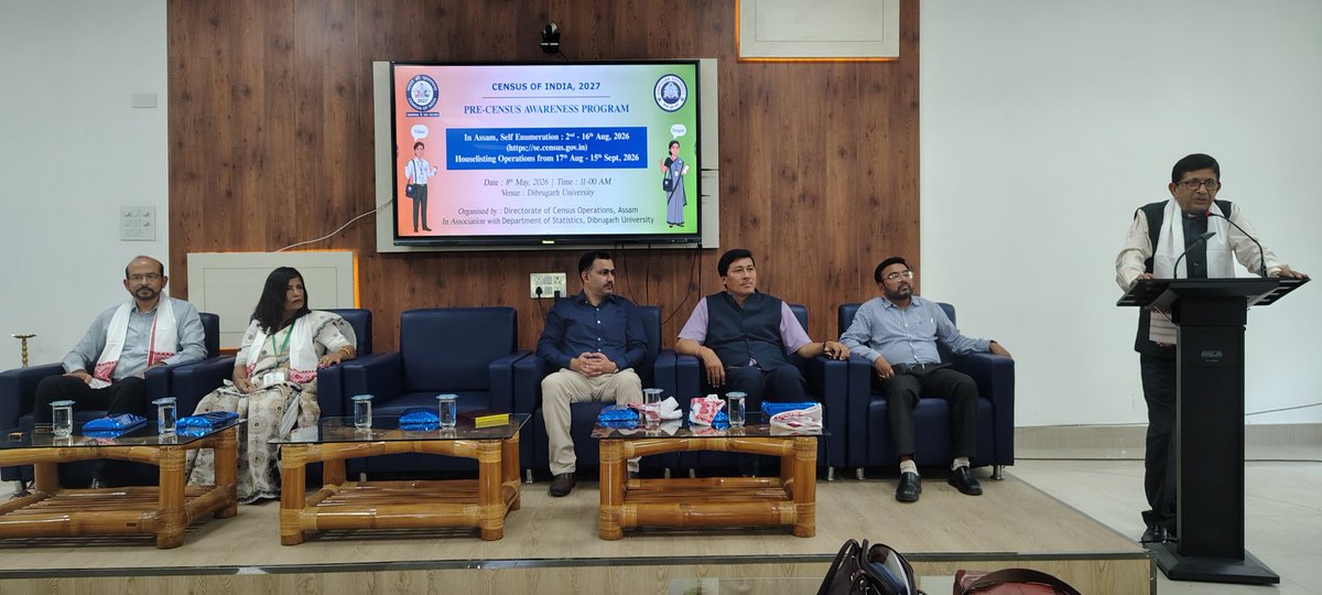 CensusAssam's tweet photo. In association with Dibrugarh University, DCOAssam hosted a Pre-Census Awareness Programme on 8May 2026.Dr. J. Hazarika, VC, Sh. P. Baruah ADC, Dibrugarh graced the event . Sr. Officials, Faculties, students from DU &amp; Sr. Officials from DCO Assam attended the event.
#Census2027 https://t.co/PwFk6HIDJm