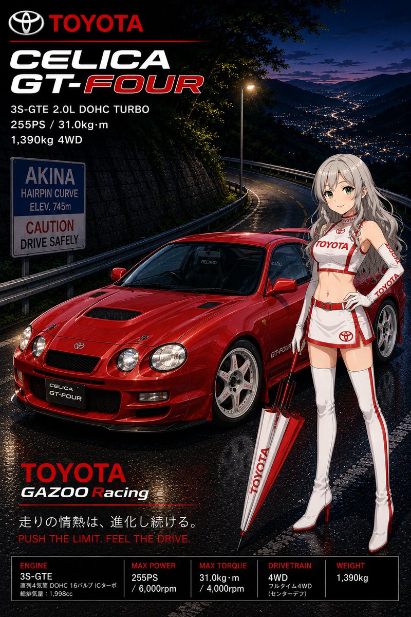 KATTI_ART1976's tweet photo. 【車種スペック】

■トヨタ
セリカ GT-FOUR（ST205）

・255ps / 304N・m
・4WD / 1390kg
・全長4420mm 全幅1750mm 全高1305mm

3S-GTE搭載。
圧倒的トラクションで峠を切り裂くWRC直系4WDスポーツ。

#セリカ #GTFOUR #ST205 #TOYOTA #車好き https://t.co/vvWAN6kgkE