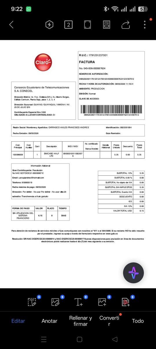 Joselin1092's tweet photo. Estimados Sr. De @ClaroEcua el día de hoy me llegan estas 2 fact. de una compra que  NO HE REALIZADO, es la segunda ocasión que hacen una compra al nombre de mi esposo. Días atrás nos acercamos a claro para solicitar una portabilidad con nuestros propios números de teléfono 1/3 https://t.co/vpaYMhVDPx
