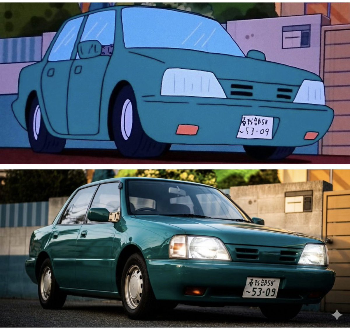 【AI OSSAN アンジェリーナ】クレヨンしんちゃん野原家の愛車『OSSAN アンジェリーナ』麦茶CMでは、緑のアコードが使われているけど、日産パルサーあたりが元ネタなのかな❓ナンバーの「春我部58 ん53-09」は〝こすり-まくる〟という意味で、アンジェリーナのスピードメーターは時速220km迄あるとの事