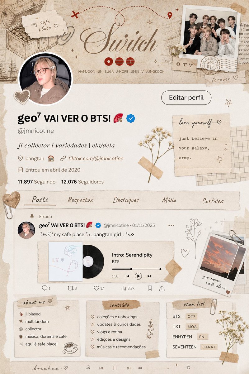 jmnicotine's tweet photo. @iluvgukks amg tenta esse prompt com um print do seu perfil, ele fez esse aqui pq o do post eu perdi 🤡

Crie uma arte em formato de “perfil aesthetic de fan account”, inspirada em layout de rede social/X (Twitter), com visual delicado e organizado estilo scrapbook premium. https://t.co/yC3yaSev11