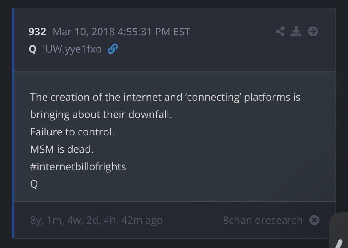 ThankQ17171's tweet photo. Q Proof > 932
Swamp is cleaned up.
The creation of the internet and ‘connecting’ platforms is bringing about their downfall.
Failure to control.
MSM is dead.
#internetbillofrights
Q
https://t.co/IwCX8NmCKX https://t.co/4DLsfKPC5k