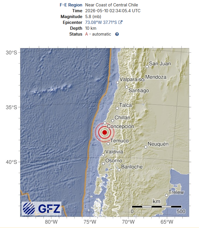 Geo_Risk's tweet photo. Reciente #sismo #temblor Regiones de BioBio Araucanía #Concepcion #Arauco #Angol 
Solucion preliminar GFZ, mb 5.8 (eso se va a actualizar), 10km profundidad https://t.co/ci67lPGhTn