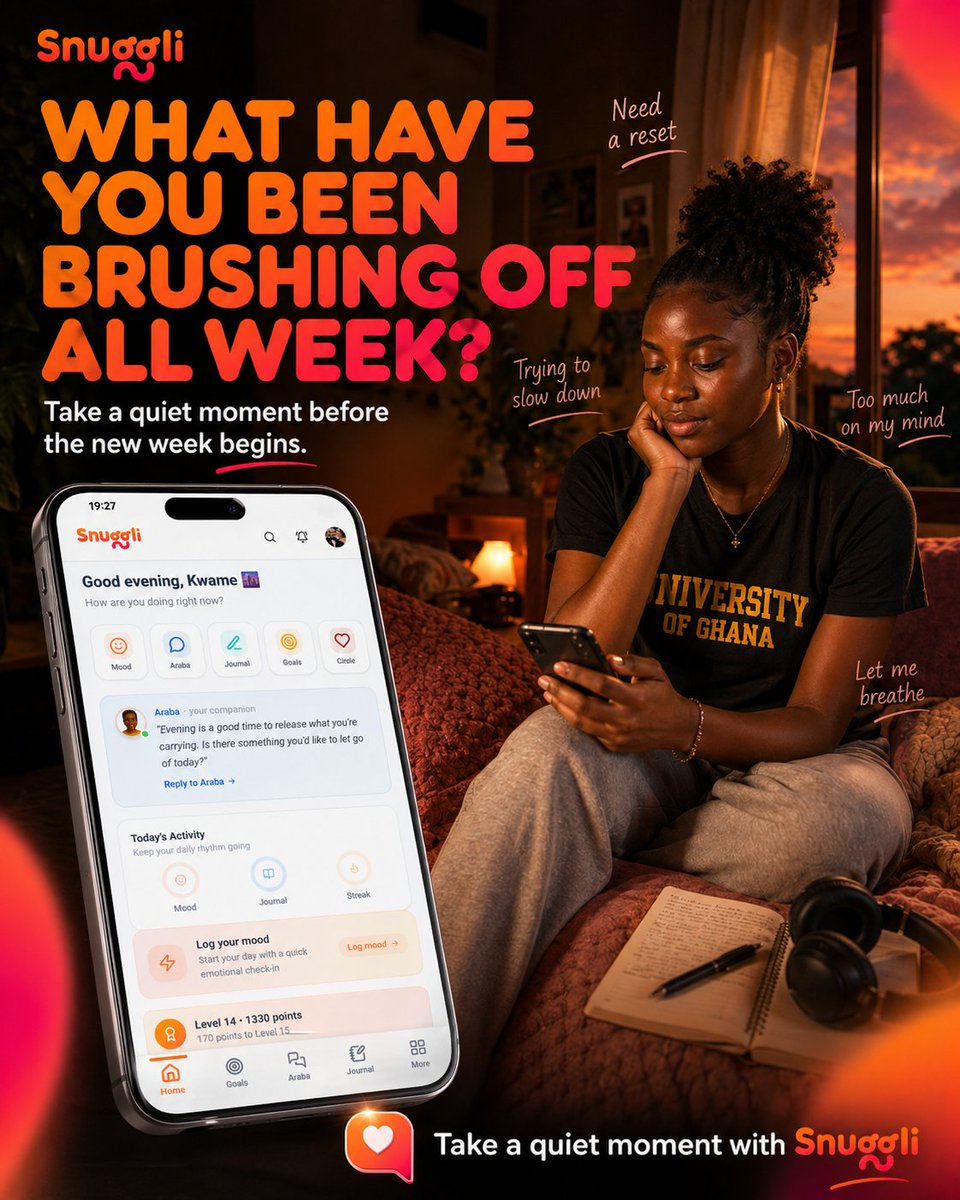 snuggliapp's tweet photo. Be honest with yourself today. What’s been sitting on your mind, affecting your mood, draining your energy… and you’ve just been pushing past it?

Join the beta for early access to Snuggli. https://t.co/kiXG0pC651

 #mentalhealth #CheckinGhana #Snuggli #MentalWellness https://t.co/to783SvID3