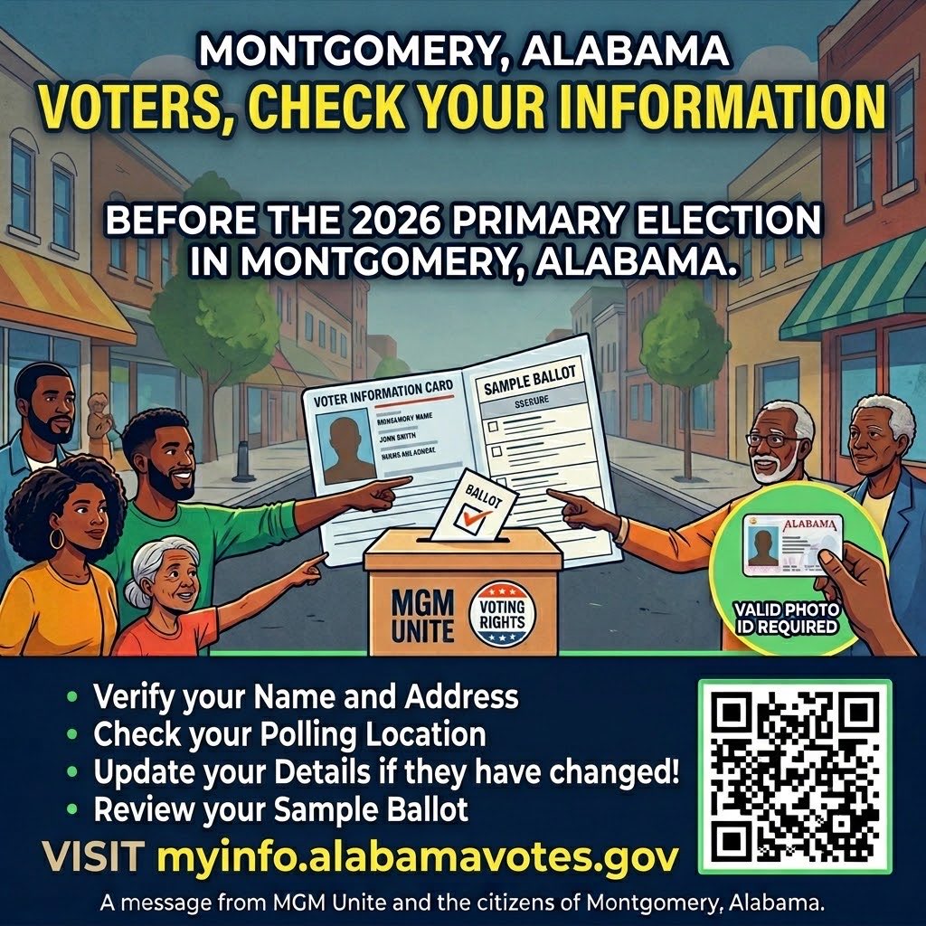 🚨 MONTGOMERY: 10 DAYS UNTIL ELECTION DAY! Today is May 9, 2026, and the Primary Election is just around the corner on May 19, 2026! CHECK YOUR STATUS: 📍 Don’t get turned away at the polls! Verify your registration and find your correct polling site at myinfo.alabamavotes.gov.