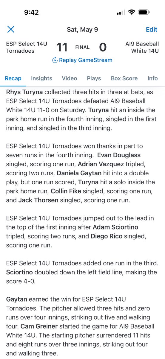 crsdvd's tweet photo. ESP Tornadoes roll through pool play as the #1 seed at GameDay’s Ricky Vaughan’s Major League Classic. 2030 Rhys Turyna goes 3-3 with an inside the parker and 2029 Dani Gaytan goes the distance allowing 0 runs with 5Ks. #ESPTrained @CoachBednarko @TaddGibby24 st https://t.co/RI6VJc0DDK