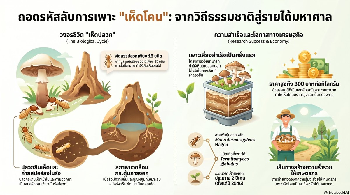 The Art of Cultivating Termite Mushrooms
.
เห็ดโคนถือเป็นผลผลิตที่มีราคาสูงและหาได้ยากตามธรรมชาติเพียงอย่างเดียวจนกระทั่งมีการทำวิจัยเพื่อศึกษาวิธีการเพาะเลี้ยงขึ้นมาอย่างเป็นรูปธรรม