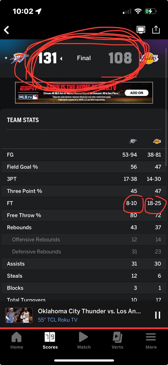 theyatesmeister's tweet photo. @espn fix your app you’re missing a zero on okc’s free throw attempts https://t.co/2NXJI6oIN7
