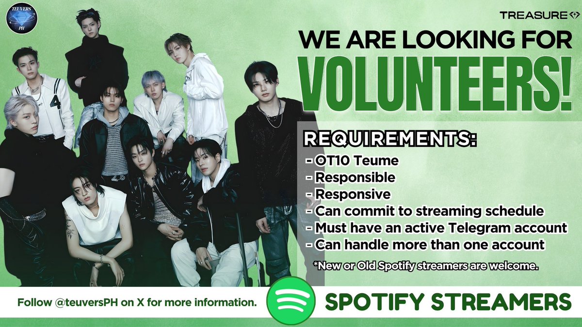 teuversPH's tweet photo. [SPOTIFY STREAMER RECRUITMENT]

Calling all Teumes who are willing to help us boost streams for the comeback! 🎧🔥

Let’s work together and give the comeback the strongest support possible. 💎

Apply here ⬇️ 
https://t.co/DPQgJdDTtI

#TREASURE #트레저 #トレジャー @treasuremembers https://t.co/QPVpGdMcrr