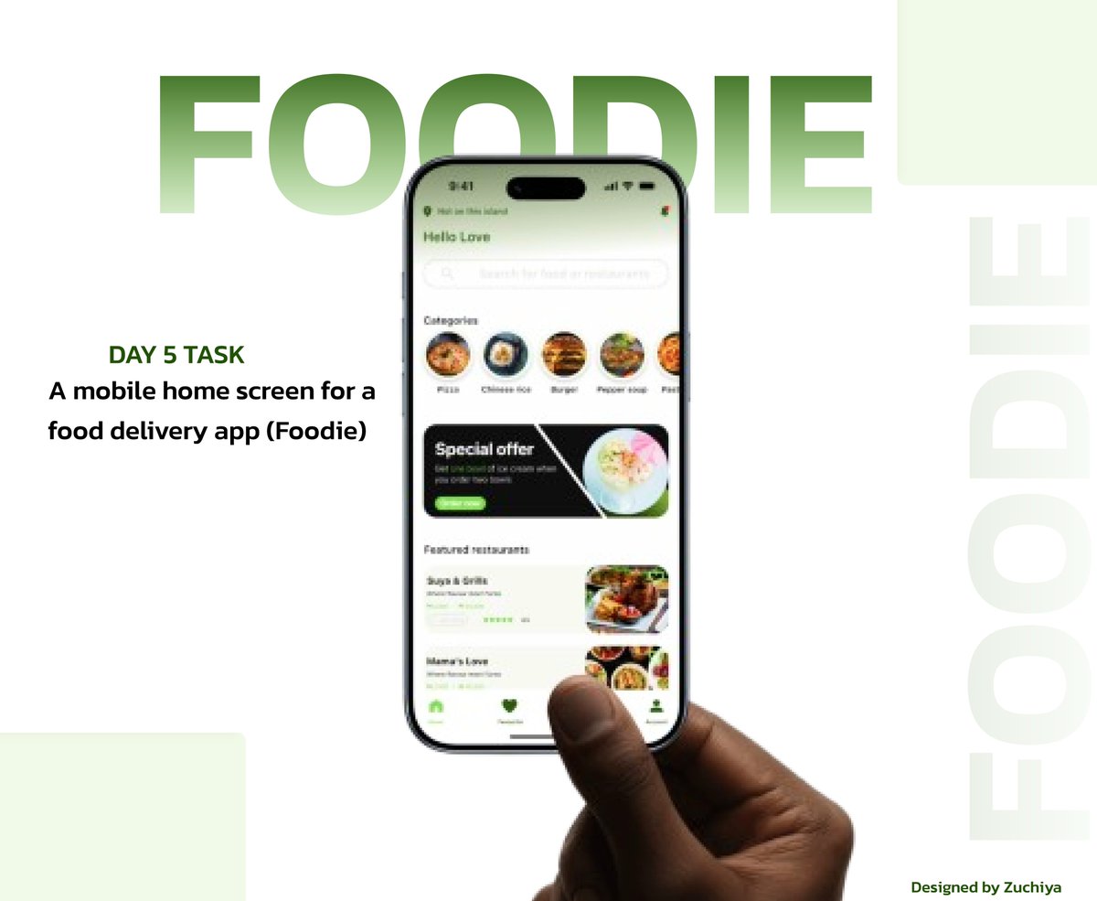 Zuchiya_1's tweet photo. Day 5 Task @TechCrushHQ
i designed a mobile home screen for a food delivery app today. Realized how powerful auto layout + padding can be — game changers for clean UI.
What do you think? I’m open to corrections!
#uiuxjourney #TechCrush #UIUX #Mobilescreen https://t.co/h5rrm5aEQJ