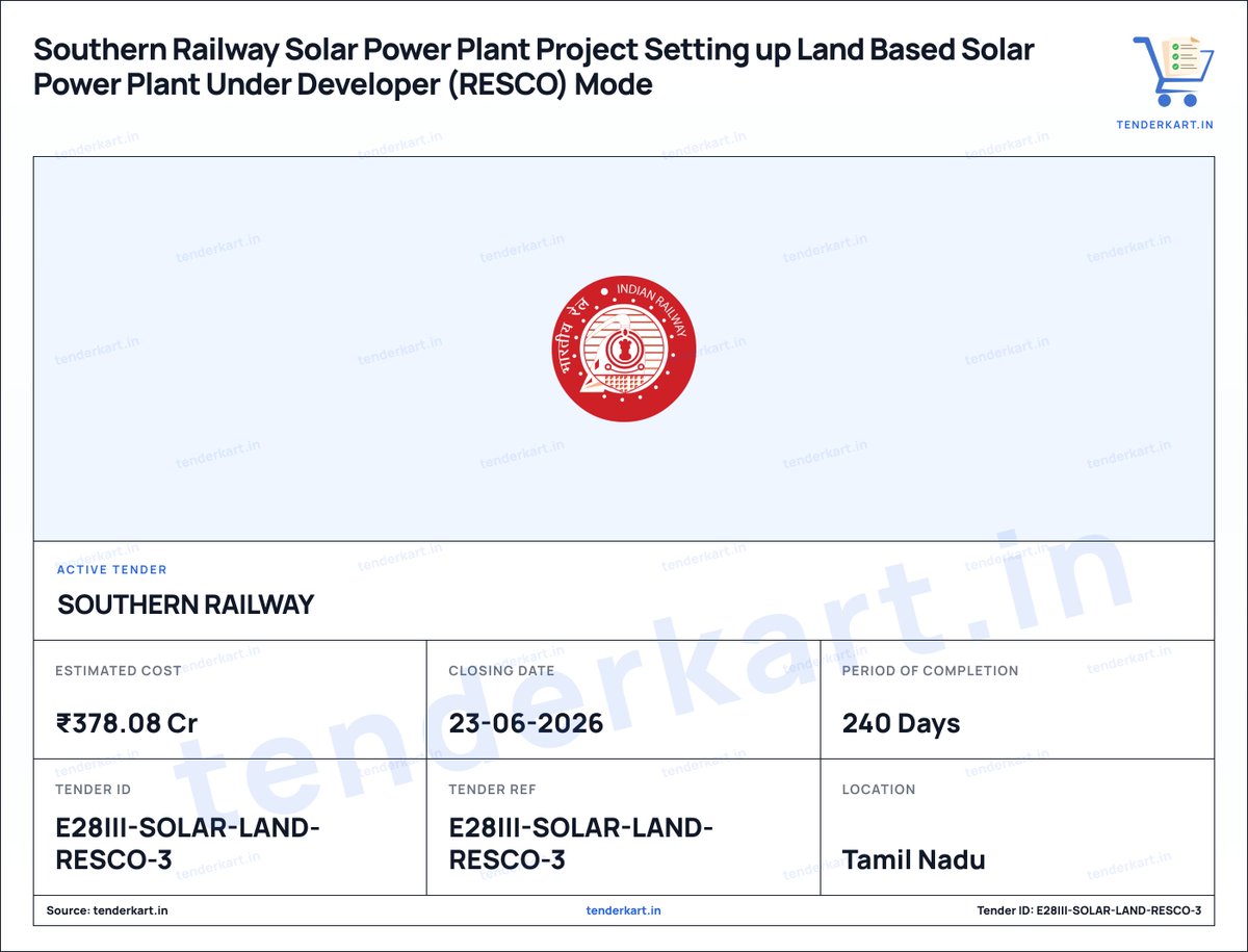 tenderkart's tweet photo. ₹378.08 Cr tender from Southern Railway for setting up of a land-based solar power plant under the Developer (RESCO) mode.
#SolarPower #SouthernRailway #RESCO #RenewableEnergy #Tenders https://t.co/CNXLA6qzGi