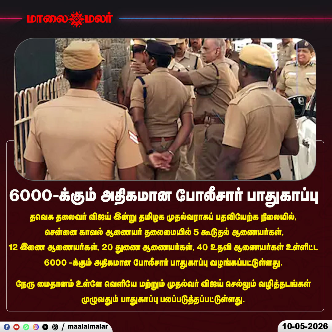 maalaimalar's tweet photo. 6000-க்கும் அதிகமான போலீசார் பாதுகாப்பு
#Vijay #ThalapathyVijay #TVK #TamilNaduCM #SwearingInCeremony #ChennaiPolice #HeavySecurity #6000PoliceForce #NehruStadium #SecurityArrangements #BreakingNews #PoliticalUpdate #TamilNaduPolitics #CMVijay #VijayFans #LawAndOrder #HighSecurity #HistoricMoment #TamilNews #TrendingNow