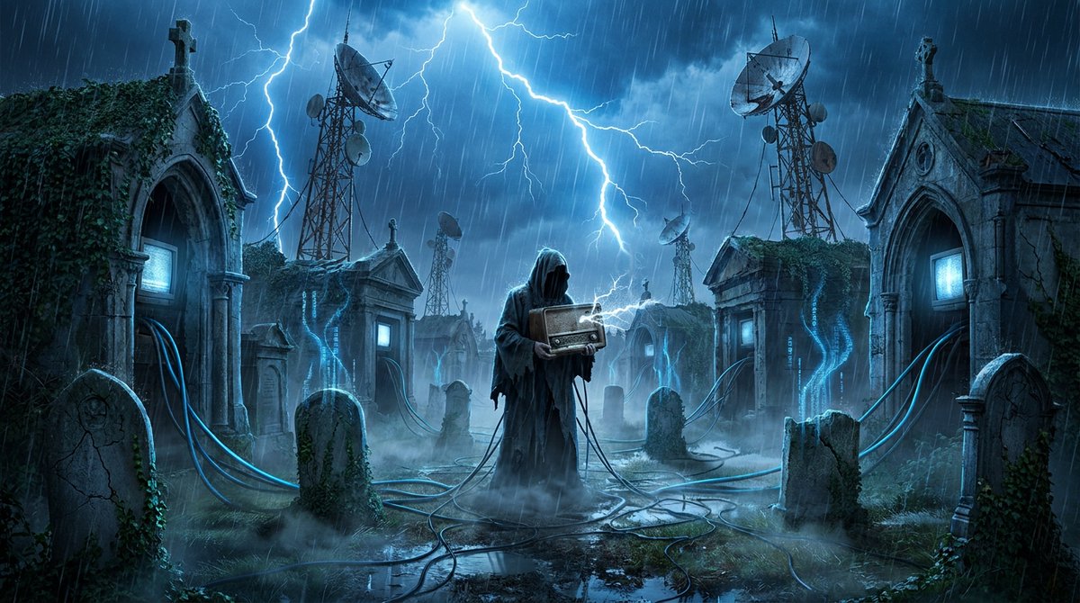 AshXtaroth's tweet photo. they built the archive beneath the cemetery
because the dead never unsubscribe
every gravestone was wired into the network
every coffin humming softly with preserved memories
forgotten passwords
unfinished prayers
voices trapped in magnetic tape

sometimes during thunderstorms
the burial grounds begin transmitting again
⚠️ WARNING: THE DEAD ARE STILL ONLINE
#AshXtaroth #NecroSignal #DeadInternet #GhostTransmission #CyberOccult