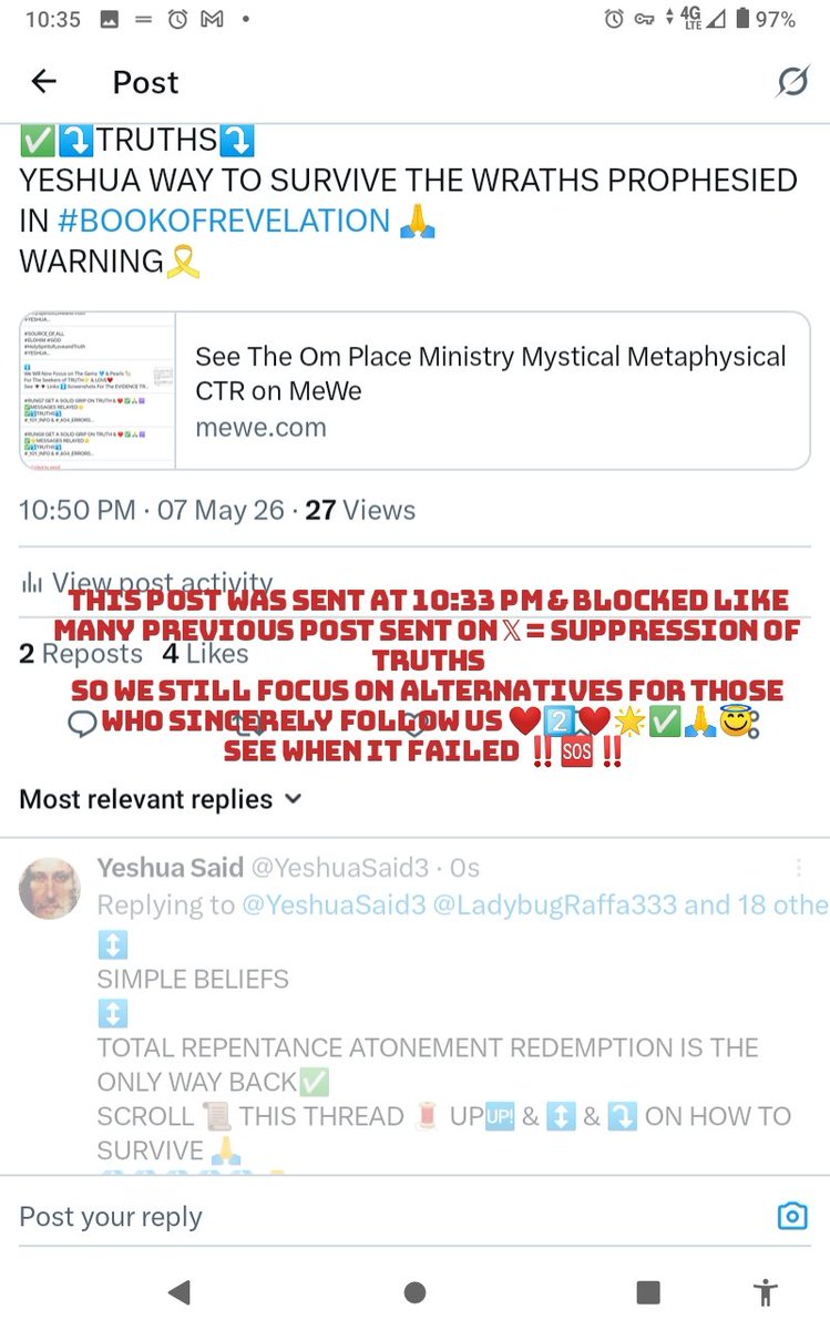 YeshuaSaid3's tweet photo. @LadybugRaffa333 @dawnlegge67 @VictoriaCapps8 @Alberto11732198 @ManyWindstorms @recklessrob1971 @Palmtreechic3 @clvyska44 @LAURIEANDERSE23 @Choosingfree @elonmusk @realDonaldTrump @MELANIATRUMP @DonaldJTrumpJr @EricTrump @BARRONTRUMP @RealAlexJones @joerogan @TuckerCarlson #SOURCE_OF_ALL
#ELOHIM #GOD
#YeshuaSonofGod #Alpha_Ξ_and_Omega_Ξ©
#HolySpiritofTruthandLove
#Messenger_Angels
ποΈ 911 EMERGENCY REMINDER ποΈ
@elonmusk
WHAT IS NOW βΌοΈ
SUPPRESSION OF DIVINE TRUTHS ON π & THEIR
CONSEQUENCES OF JUSTICE βοΈ KARMA &
REFLECTIONS WHEN THE CUP IS π FULL https://t.co/wTdIqp4bb1