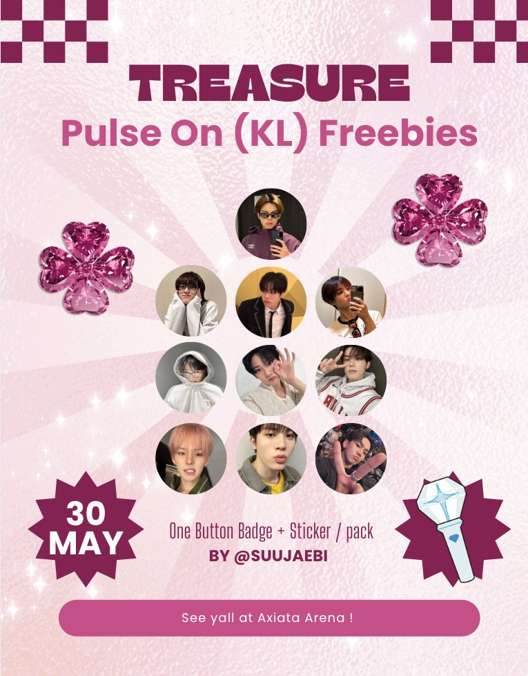 ₊✩ Freebies PULSE ON in KL ₊✩    
☁︎ limited quantity — fcfs only 
☁︎ designs will be given out randomly
☁︎ open for trade  

will post location on the day, come say hi ♡ ̆̈
#TREASUREinKL #PULSEONinKL