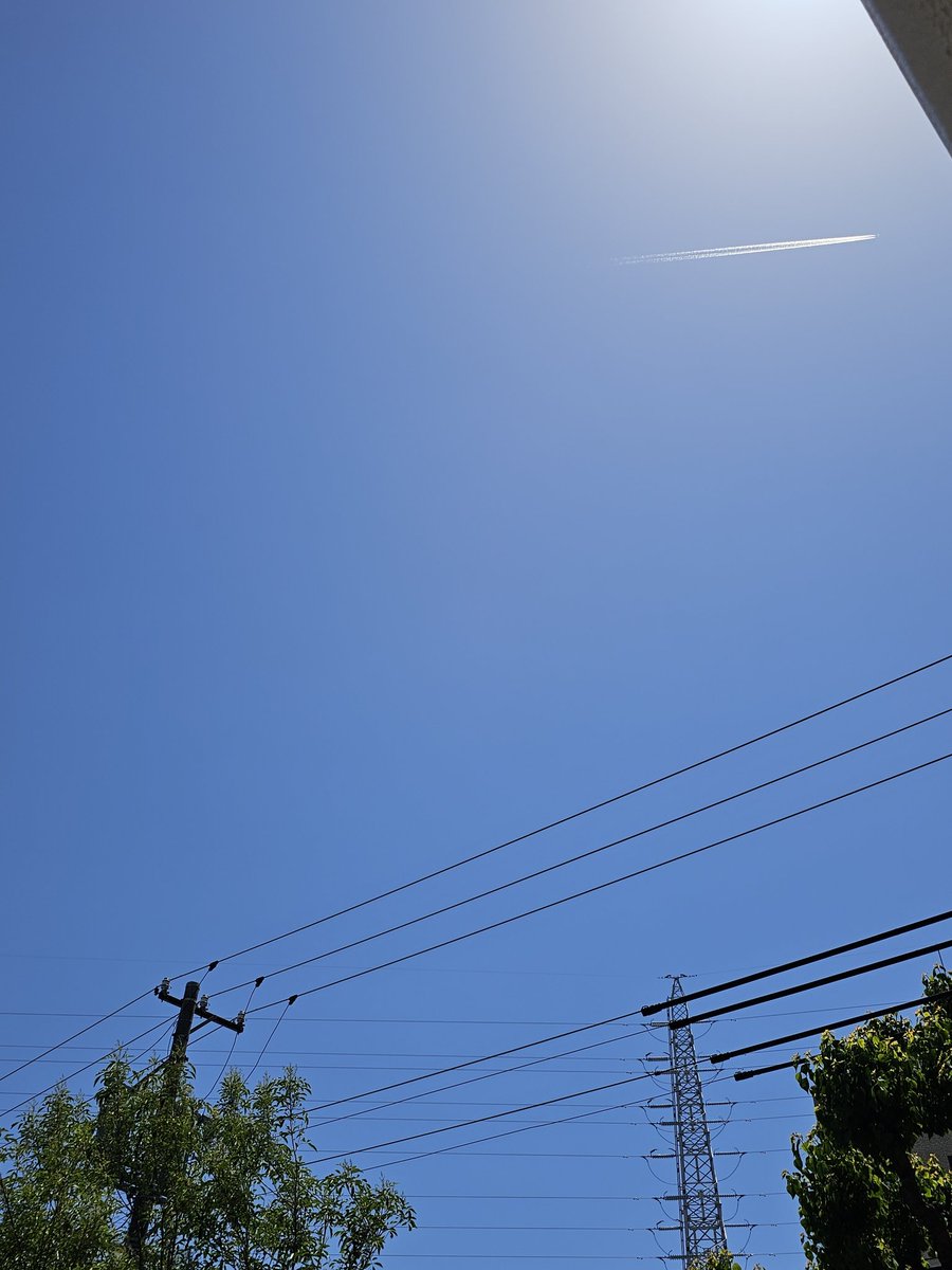 太陽の下を横切る飛行機雲の短さカラッと暖かな昼になってます