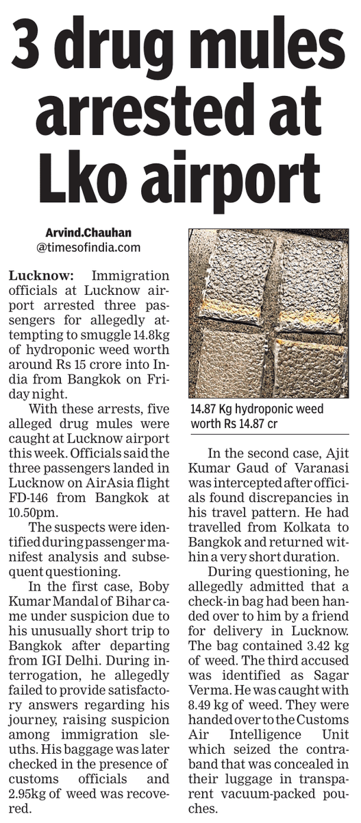 Arv_Ind_Chauhan's tweet photo. Immigration sleuths at Lucknow airport detained three passengers for allegedly attempting to smuggle 14.88 kg of hydroponic weed into India from Bangkok on Friday night. The accused were intercepted during passenger profiling https://t.co/Ye6Uc1rbsA