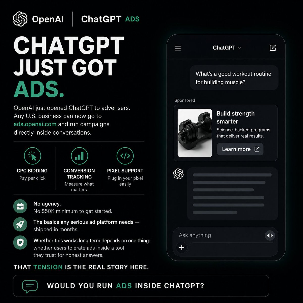 Subzero_YP's tweet photo. OpenAI just opened ChatGPT to advertisers.
My reaction? I don't love it.
It makes business sense. But something shifts when ads enter a tool you trusted for honest answers. https://t.co/WDxUQo02pO