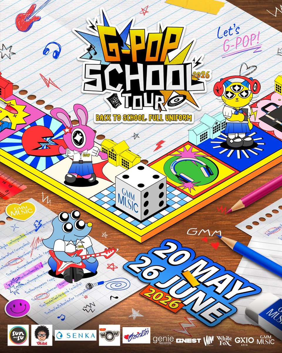 เตรียมเสียงกรี๊ดไว้ให้พร้อม🔥
เพราะ G-POP School Tour 2026 
Back to School, Full Uniform 
กำลังจะไปเช็กชื่อถึงที่ !

พบกัน 20 พ.ค. - 26 มิ.ย. 2026 นี้

พี่ ๆ G-POP จะไปโรงเรียนไหนบ้าง รอติดตามเลย ! 🎲🎸✨

#GPOPSchoolTour2026 #GMMMusic #genierecords #GNEST #WhiteMusicRecord