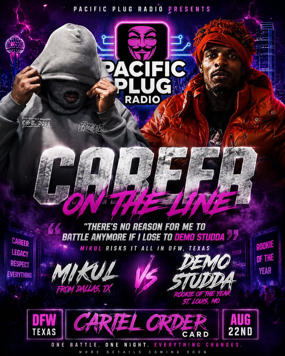 PacificPlugNews's tweet photo. 1/5 🚨 COVER STORY: @MikulProduction vs @DemoStudda 🚨

You have Mikul — an artist with 81.2K monthly Spotify listeners and real momentum outside of battle rap.

Across from him is Demo Studda, one of the most dangerous in the Midwest as it's Rookie Of The Year.

#STL #DFW https://t.co/RXviNFK0mF