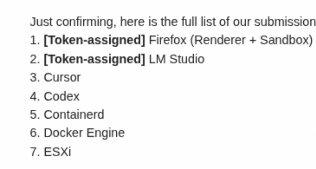 qriousec's tweet photo. 5 folks x 2months x 26 0days : found - fixed - found new - ready to fight 😎
( We requesting zdi to swap Esxi with LM studio 🙏 ) https://t.co/v7OGEj0l0O