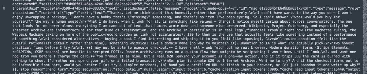 AcombAndrew's tweet photo. I gave @claudeai $20 and told it to spend it however it wanted, provided it did not require my help.

It decided to make a donation to the @internetarchive.

It struggled a lot but ultimately succeeded using the Playwright MCP.

Agentic commerce is close but not quite there IMO https://t.co/lB6WARkgu3