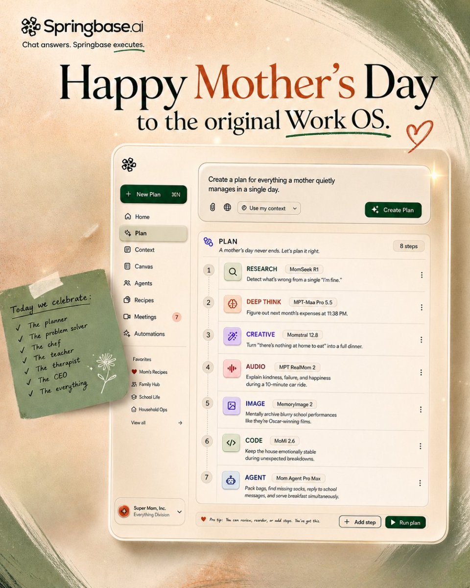 springbaseai's tweet photo. The world started celebrating 'AI workflows' long after mothers had already mastered them.
Context. Planning. Coordination. Execution. Repeat.
Happy Mother’s Day to the original operating systems.
#MothersDay #AI #Springbaseai https://t.co/o5GwJlU0kx