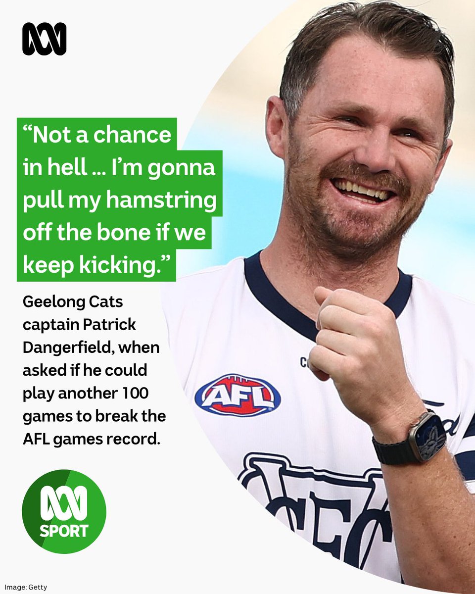abcsport's tweet photo. Off the back of Pendlebury's milestone occasion, Geelong captain @dangerfield35 was asked if he had aspirations to play another 100 games.

At 36, his answer was rather straightforward … 😹

"Not a chance in hell," he told @MattClinch and @CameronLing on ABC Sport's AFL Sunday program.

"Although my recovery is different now. I was kicking with my son for about 40 minutes this morning, and in the end, I had to say 'Mate, I think if we keep kicking, I'll pull my hamstring off the bone here if we keep kicking. It's never-ending."

Listen to the full interview: https://t.co/BCMRz4nu5R
Live blog: https://t.co/Ks9LwGJmJU
#AFL