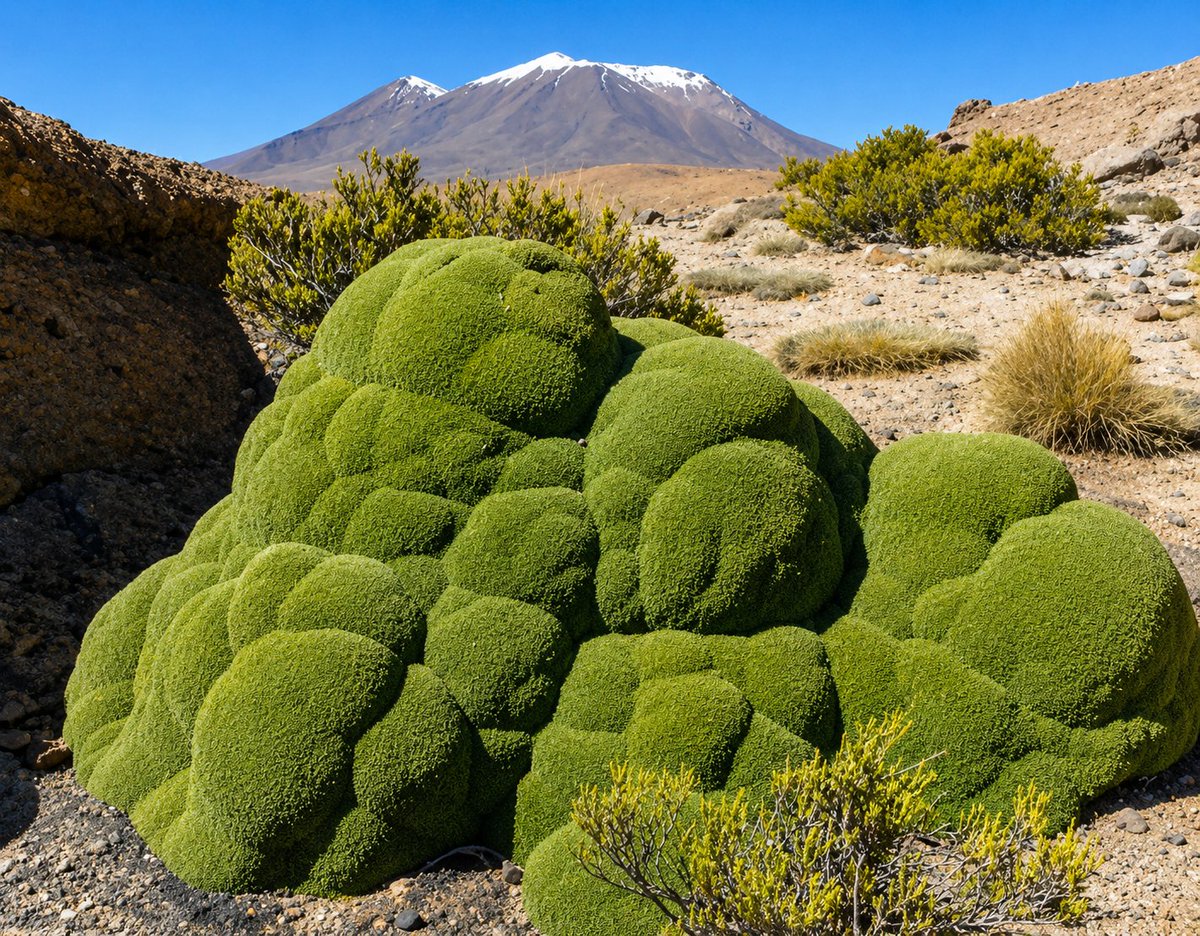 WolfofX's tweet photo. In the Atacama Desert in Chile there's a 3,000 year old, densely packed shrub called llareta. It looks like moss covering rocks but it is actually a cluster of branches and leaves that is hard like a rock. https://t.co/81JEOTopFf
