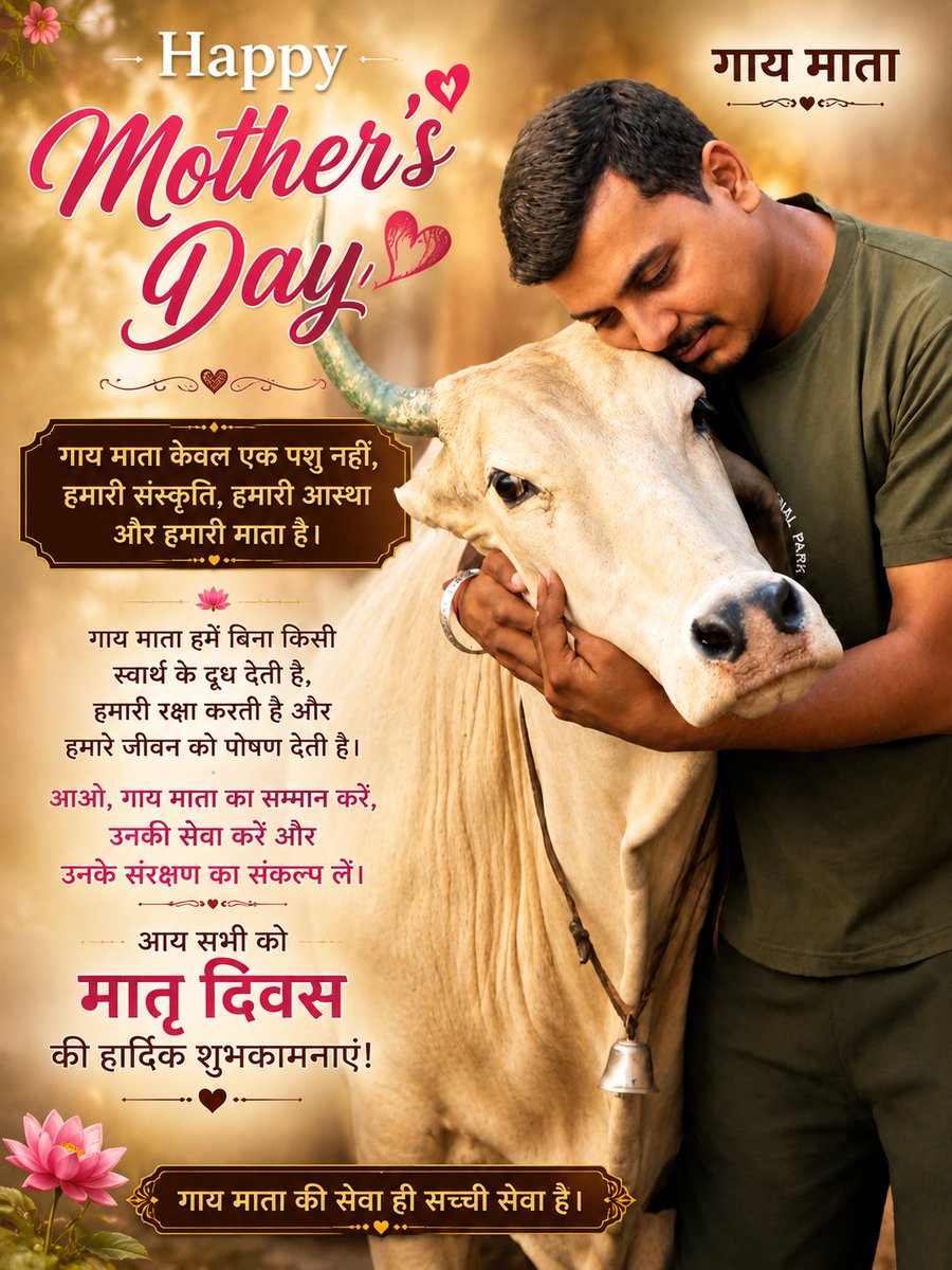 niteshmodiggc's tweet photo. गाय माता केवल एक पशु नहीं,
बल्कि हमारी संस्कृति, हमारी आस्था और हमारी पहचान हैं। 🙏

जिस प्रकार मां अपने बच्चों का पालन-पोषण करती है,
उसी प्रकार गाय माता भी हमें बिना किसी स्वार्थ के पोषण, सेवा और स्नेह देती हैं। ❤️

आइए इस मातृ दिवस पर गाय माता की सेवा, सम्मान और संरक्षण का संकल्प लें। 🌿✨

🐄 गाय माता की सेवा ही सच्ची सेवा है 🐄

@narendramodi @AmitShah @AmitShahOffice @AgrawalRMD @BhajanlalBjp @AshwiniVaishnaw @byadavbjp @drsanjaymayukh