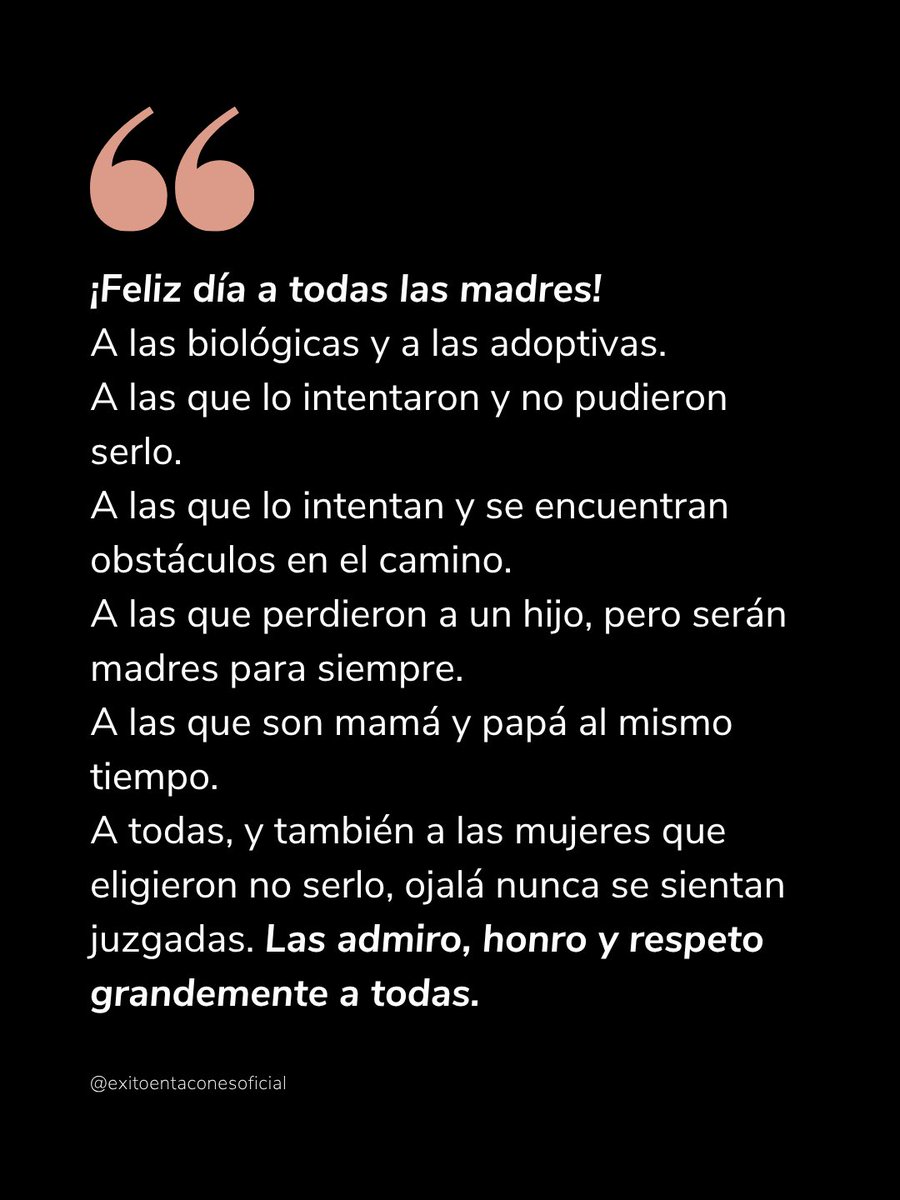 exitoentacones's tweet photo. Que ninguna mujer se sienta juzgada por el camino que eligió. Etiqueta aquí a la madre más importante y más valiente de tu vida. Dile algo que quizás no le dices seguido; hoy es el día perfecto para que lo lea y sepa cuánto la amas. FELIZ DÍA A TODAS!!!💋👠

-WV- https://t.co/Lac4y0rCw0