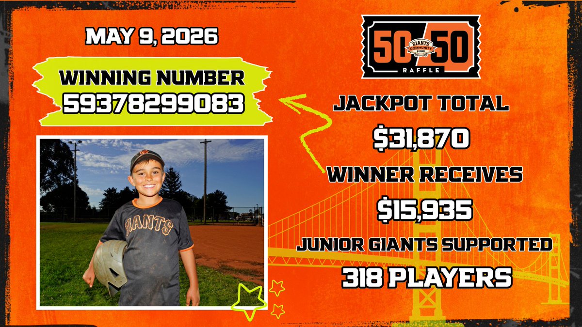giantscommunity's tweet photo. 🎟️ The winning number is in!
 Check your tickets and see if you hit the jackpot.
 👉 https://t.co/YywbIDPDxT
 #5050Raffle | #SFGiants https://t.co/Bs1aWgSB8w