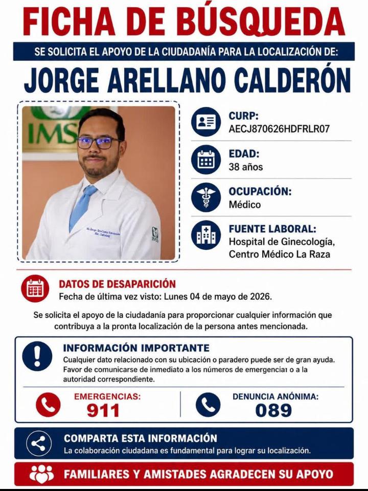 Nuestro compañero y alumno, Jorge Arellano Calderón, se encuentra desaparecido desde el pasado 04 de mayo de 2026. Cualquier información que ayude a dar con su paradero puede ser de gran importancia para su familia, amistades y comunidad.

Compartir también ayuda.