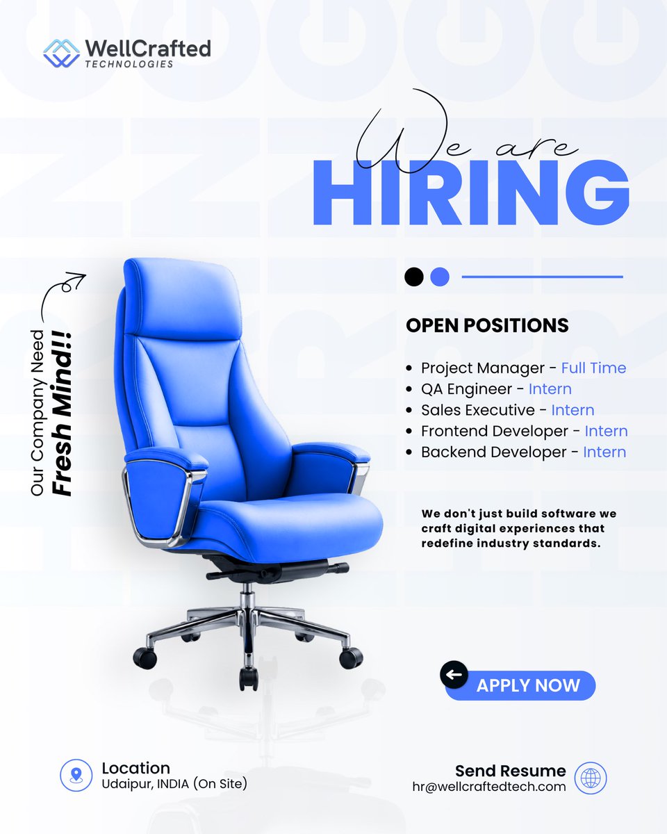 Divyeshgupta_'s tweet photo. Urgent Hiring 🚨

We’re hiring passionate people across multiple roles to work

Job Description : https://t.co/hTQy1aFtnt

📍 Location: Udaipur, Rajasthan

How to Apply 

1️⃣ Follow @Divyeshgupta_ &amp; @WellcraftedTech 
2️⃣ Like &amp; Repost 
3️⃣ Send your resume to: hr@wellcraftedtech.com https://t.co/FuB6XRFd6v