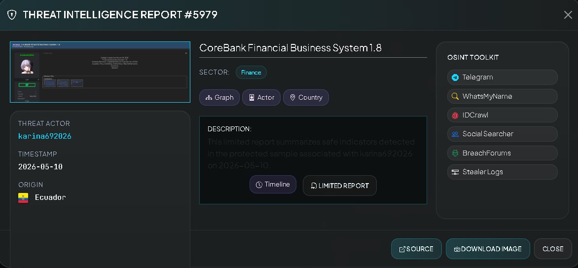 VECERTRadar's tweet photo. 🚨 CYBERINTEL ALERT: ALLEGED EXFILTRATION OF BANKING SOURCE CODE – LATAM (5 COUNTRIES) 🌎🏦💻 [STATUS: CRITICAL THREAT / FINANCIAL INFRASTRUCTURE]

VECERT Intelligence has detected an offer for the sale of a highly strategically valuable asset: the core of a regional banking system. The authenticity of the code is currently under analysis; however, the sheer volume reported suggests a systemic compromise within the financial software development supply chain.

Threat actors have put up for sale the source code for the so-called "Financial Business System 1.8," a banking platform with operational presence across multiple nations in the region.

🏢 Affected Entity: Financial software developer / Banking institutions in LATAM.

📂 Asset for Sale: Complete source code written in C#.

📦 Volume: 8 GB of data (includes business logic, transaction modules, and potentially database schemas).

🌎 Geographic Scope: System deployed in Ecuador, Peru, Colombia, Costa Rica, and the Dominican Republic.

📅 Report Date: May 9, 2026.

📊 Technical Risk Analysis (VECERT Intelligence)

The leak of 8 GB of C# source code represents a structural vulnerability for any entity utilizing this platform:

Reverse Engineering and Zero-Days: Access to the source code enables attackers to identify buffer overflow vulnerabilities, flaws in authentication logic, and weaknesses in transaction encryption that are not externally visible.

Supply Chain Compromise: If the code belongs to a banking service provider (Core Banking), all financial institutions utilizing version 1.8 across the five aforementioned countries are at risk of targeted attacks.

Backdoors: Analysis of the code would allow for the discovery of any hidden maintenance or administrative functions that could be exploited for the diversion of funds or the mass exfiltration of customer data. 🛡️ Cyber ​​Defense Recommendations

🔒 Code Audit (Code Review): Financial institutions in affected countries must conduct an urgent audit of their core systems to verify whether they match the structure of the "Financial Business System 1.8."

🛡️ Perimeter Hardening: Strengthen transaction monitoring systems and enable anomaly detection rules tailored to the specific business logic of the affected system.

Monitor: https://t.co/wk9bZJ2Nli

#CyberSecurity #FintechLeak #Csharp #BankingSystem #LATAM #DataBreach #FinancialSecurity #VECERT #CyberAlert 🌎🛡️⚠️🚨🏦