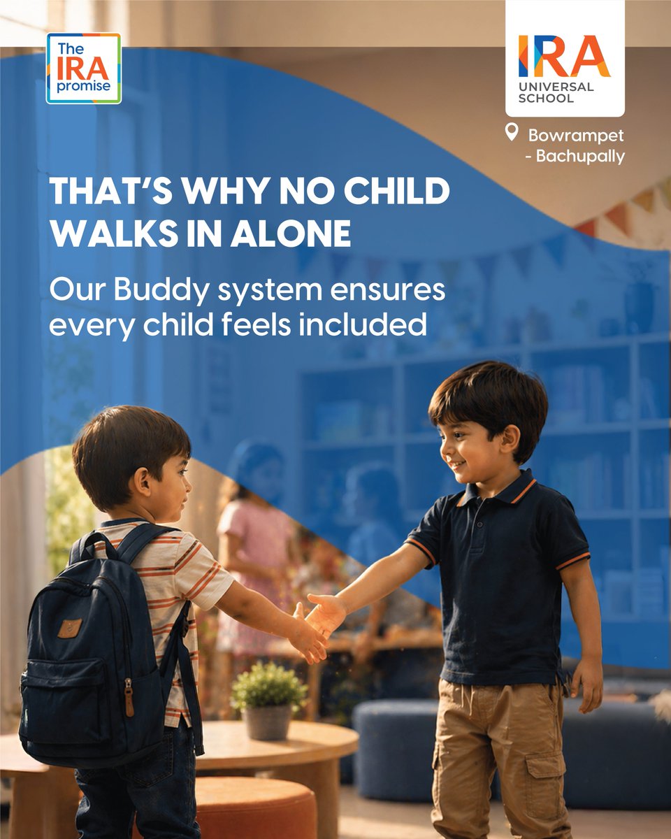 IraUniversal's tweet photo. New beginnings can feel overwhelming for children
That’s why at #IRAUniversalSchool, no child walks in alone.

Our Buddy System helps every child feel welcomed, supported.

🎓Admissions Open
📞80198 91199 / 80198 92299
🌐https://t.co/cAoySNZnpp

#AdmissionsOpen #BowrampetSchools https://t.co/HvL00dIYWL