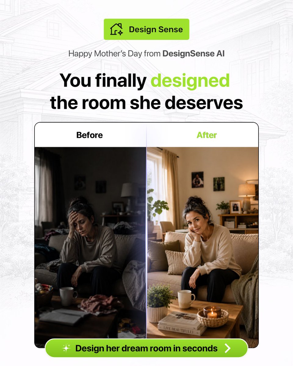 DesignSenseAI's tweet photo. Happy Mother's Day

Thoughtful. Warm. Made just for her.

Design your space your way with DesignSenseAI 👇
Website: https://t.co/AIkIA52WW7
iOS: https://t.co/QidHBzSq7P
Playstore: https://t.co/tp7xEDI0Uk

#MothersDay #HomeMakeover #DesignSenseAI #airoomdesign #aihomedesign https://t.co/InwkmFdgtz