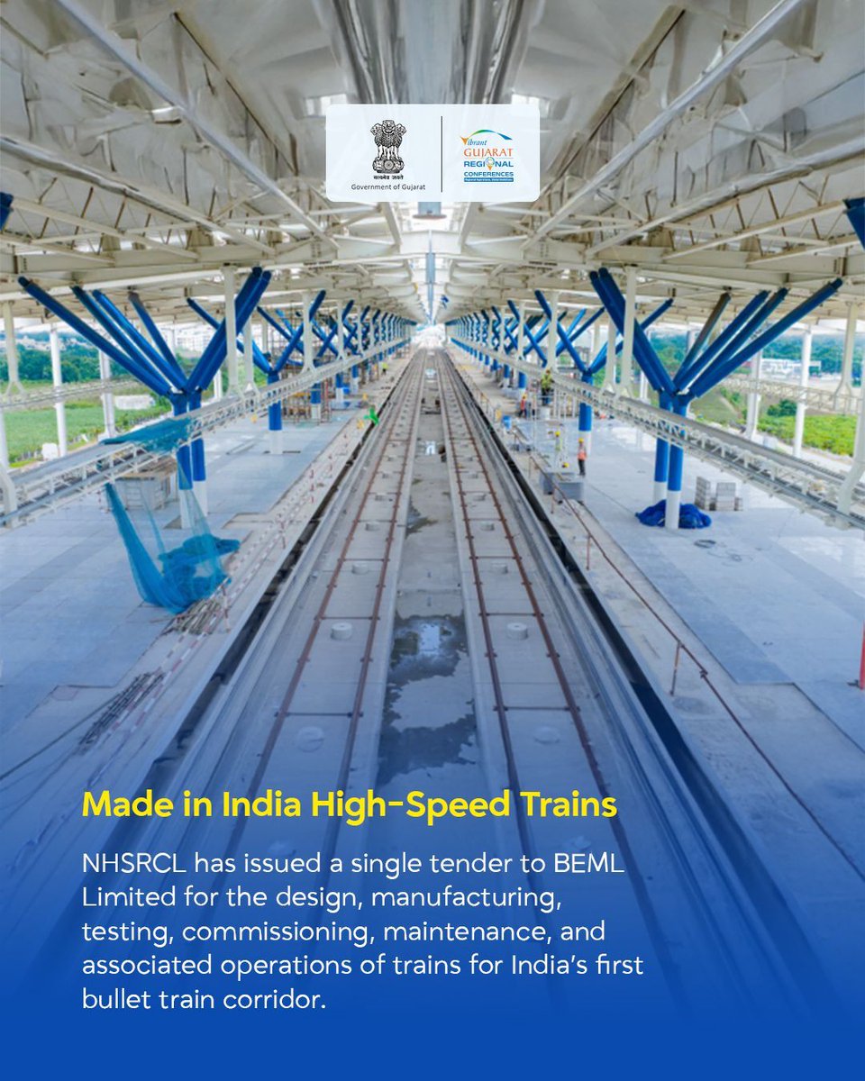 VibrantGujarat's tweet photo. India’s high-speed rail journey is entering a new era of innovation, self-reliance, and future-ready infrastructure.

From indigenous train manufacturing to the transformative Ahmedabad–Mumbai Bullet Train Corridor, the vision of Aatmanirbhar Bharat is accelerating connectivity, industrial growth, and technological advancement.

As discussions around infrastructure, transportation, and innovation take center stage, VGRC South Gujarat 2026 continues to strengthen Gujarat’s role in shaping India’s next phase of development.

#VGRCSurat #VibrantGujarat #VGRC #VGRCSouthGujarat #VibrantGujaratRegionalConferences #VGRC2026 #InvestInGujarat #GujaratForGrowth #VocalForLocal #LocalToGlobal
