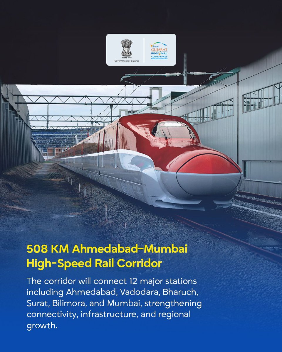 VibrantGujarat's tweet photo. India’s high-speed rail journey is entering a new era of innovation, self-reliance, and future-ready infrastructure.

From indigenous train manufacturing to the transformative Ahmedabad–Mumbai Bullet Train Corridor, the vision of Aatmanirbhar Bharat is accelerating connectivity, industrial growth, and technological advancement.

As discussions around infrastructure, transportation, and innovation take center stage, VGRC South Gujarat 2026 continues to strengthen Gujarat’s role in shaping India’s next phase of development.

#VGRCSurat #VibrantGujarat #VGRC #VGRCSouthGujarat #VibrantGujaratRegionalConferences #VGRC2026 #InvestInGujarat #GujaratForGrowth #VocalForLocal #LocalToGlobal