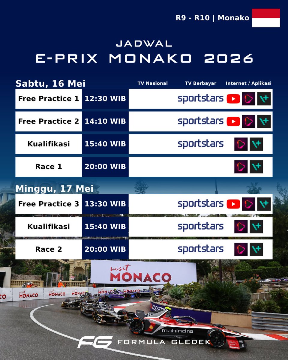 Jadwal E-Prix Monako akhir pekan ini.

Tidak live di TV Nasional, TV berbayar hanya di Sportstars 😔

#FormulaE #ABBFormulaE #MonacoEPrix