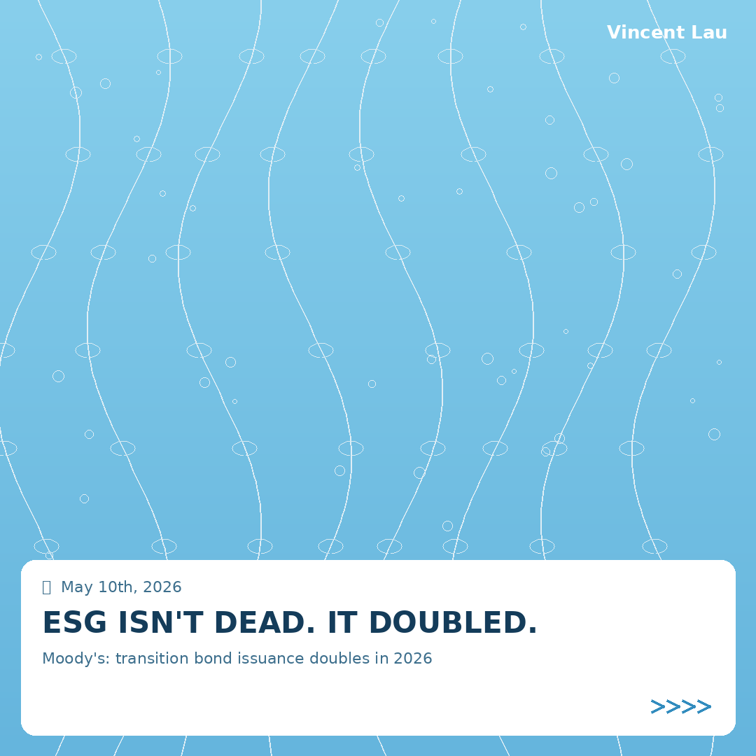 Vincentlauth's tweet photo. Everyone declared ESG dead in 2024.

Moody's just published the 2026 forecast: transition bond issuance is set to DOUBLE. Green bonds will hit $530B. Total sustainable issuance ~$900B.

This is the quiet comeback nobody is tweeting about.

Here's what changed while the headlines moved on:
→ Hard-to-abate sectors finally have a credible debt instrument (transition bonds)
→ Hong Kong's digital green bond rails are live
→ Amundi just closed a $3.24B EM green bond fund
→ Tokenization cuts ESG bond trading costs measurably (verified in peer-reviewed studies)

ESG didn't die. It got infrastructure.

Hot take: by Q4 2026, every PayFi conversation will have an ESG variable embedded in the smart contract layer. Not as a marketing skin — as a regulatory requirement.

The funds doing both win.
The funds that picked one are stuck.

So which side are you betting? "ESG is a brand exercise" or "ESG is the next compliance primitive"?

#ESG #TransitionFinance #Tokenization