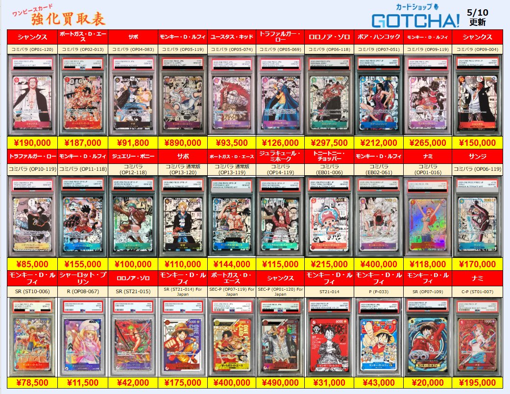 5/10更新 🚢ワンピースカードゲーム🌊 🏴‍☠️【PSA10 強化買取表