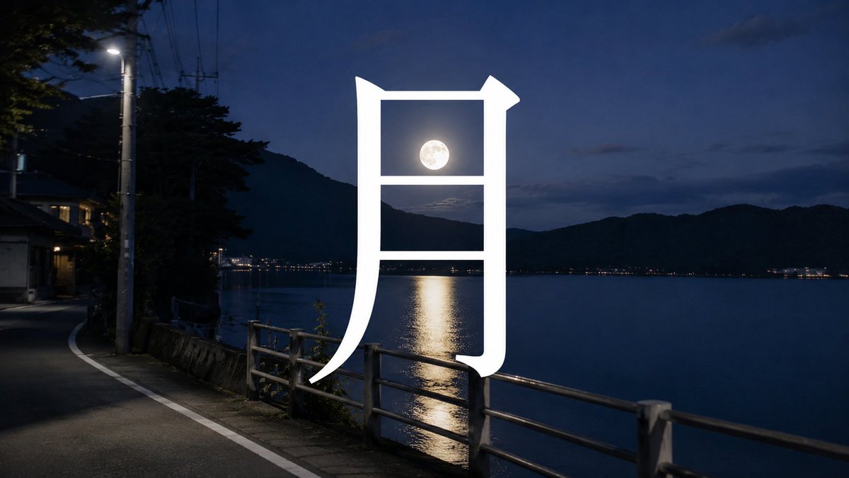 Moon Kanji Lakeside Night