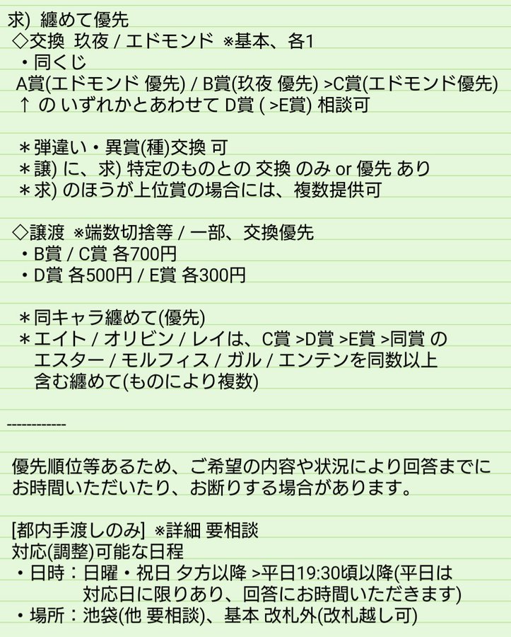 bmymel_g's tweet photo. @0 【交換/譲渡】NU:カーニバル NUカーニバル ぬかに ぬカニ DMMスクラッチ ミニぬいぐるみ ミニフィギュア ミニアクリルスタンド 缶バッジ
譲)第3弾 C-1.2.3.6/D-1.2.4.6/E-1.2.3.4.6 第4弾 B-3.4.5.6/C-3.5.6/D-3.4.5/E-1.3.4.5.6
求)画像3枚目(玖夜/エドモンド)
都内手渡しにて(商品到着後のご相談) https://t.co/HgfF5pGinO