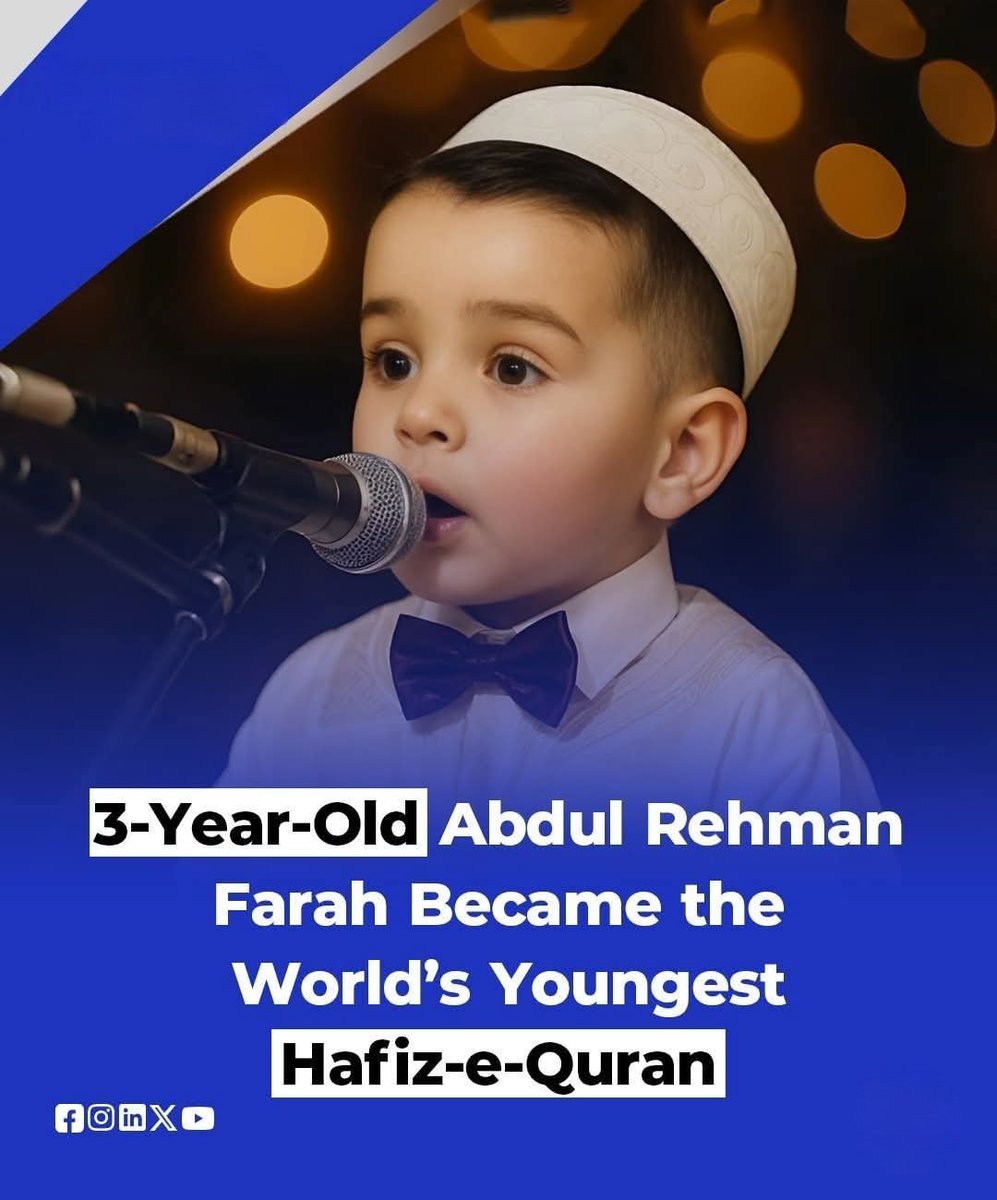 Cool_Ustaz's tweet photo. Three-year-old Abdul Rehman Farah from Algeria has amazed the world by becoming the youngest Hafiz-e-Quran. His achievement is being celebrated globally as a beautiful reminder that true talent and blessing come from Allah at any age.

Such extraordinary memory, dedication, and divine guidance at only three years old is truly inspirational. May Allah bless this young child and make him a source of pride for his family and the entire Muslim Ummah.
