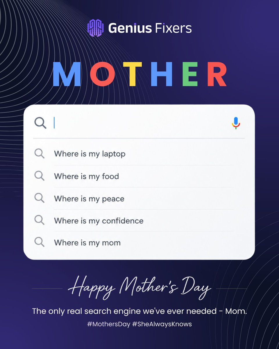 Geniusfixers's tweet photo. She’s the answer to every search.

From finding your laptop to restoring your confidence, Mom has always been the real search engine we needed.
This #MothersDay, let’s celebrate the wisdom, love, and guidance she gives without fail.

Happy Mother’s Day from #GeniusFixers https://t.co/LOmOOpKHDV
