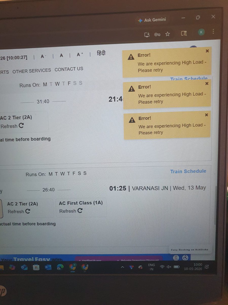 How a common citizen will take out ticket it at exact 10 AM server crashes and by 10:01 AM tickets sold out 
<a href="/RailMinIndia/">Ministry of Railways</a> shame on your mngmt
You should use tech and management for resolving this issue 
May Train departure time wise change timing of tatkal <a href="/AshwiniVaishnaw/">Ashwini Vaishnaw</a>