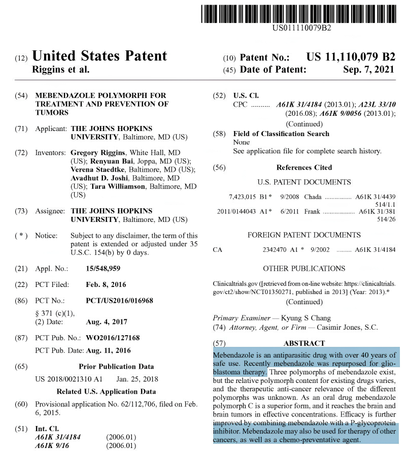 🚨 JOHNS HOPKINS PATENTED A “DEWORMER” FOR BRAIN CANCER… AND NOBODY TALKED ABOUT IT

The same compound mocked online as an “animal dewormer.”

Mebendazole.

Here’s what most people NEVER heard:
🏥 Johns Hopkins University
📅 Sept. 7, 2021
📄 Patent: US 11,110,079 B2

Patent